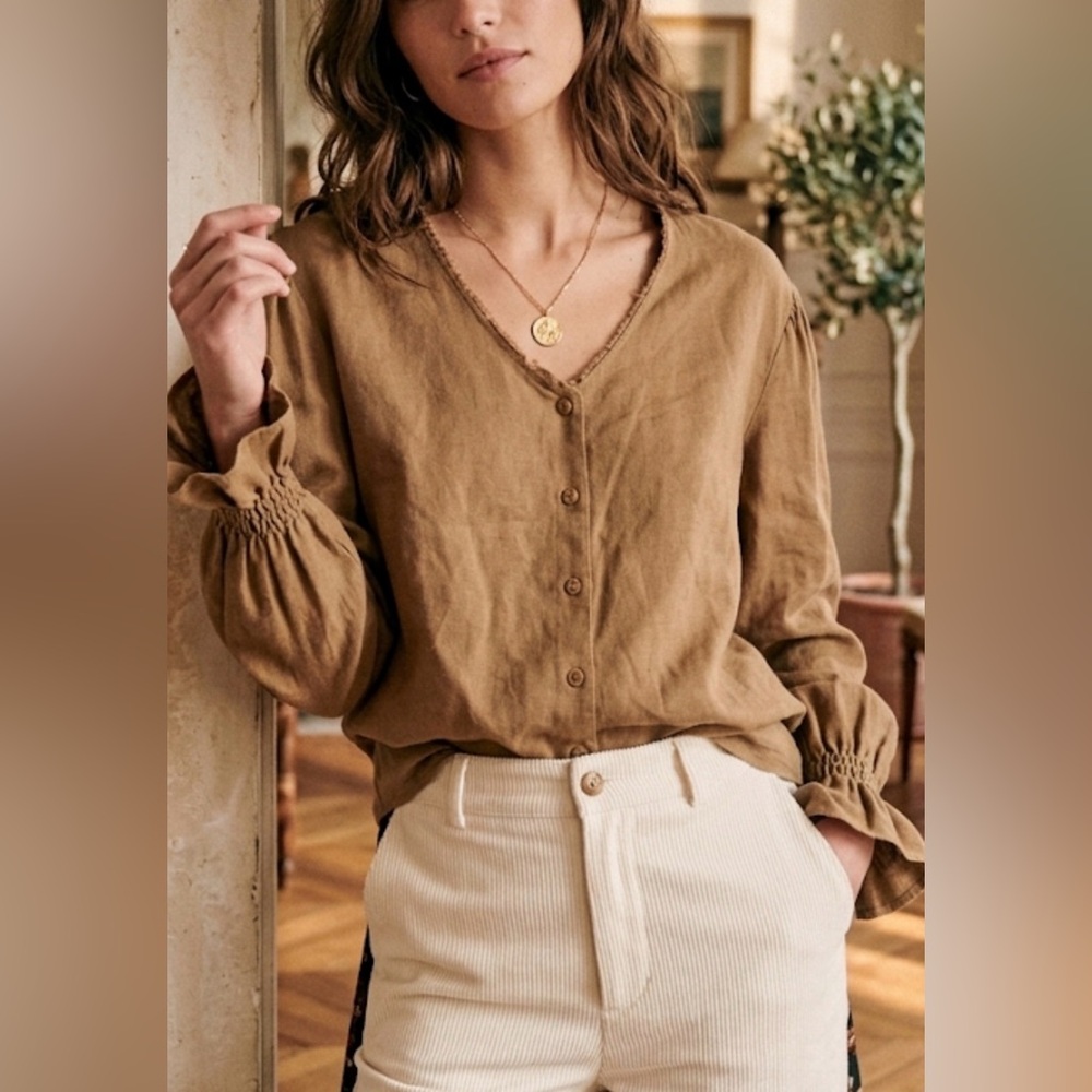 Rare Vintage Bonjour Linen-Cotton Blend Ruffle Cuff Blouse | Size L